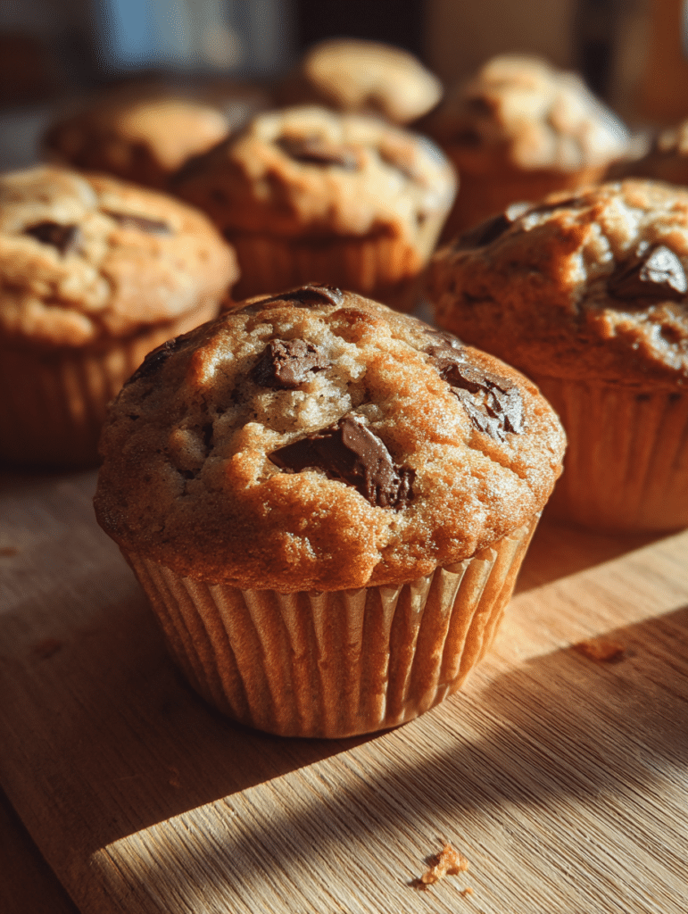 Banana chocolate chunk muffins soft golden muffins with melted chocolate chunks on wooden table