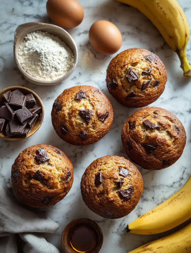 Banana chocolate chunk muffins ingredients including ripe bananas flour eggs sugar butter and chocolate chunks on marble surface