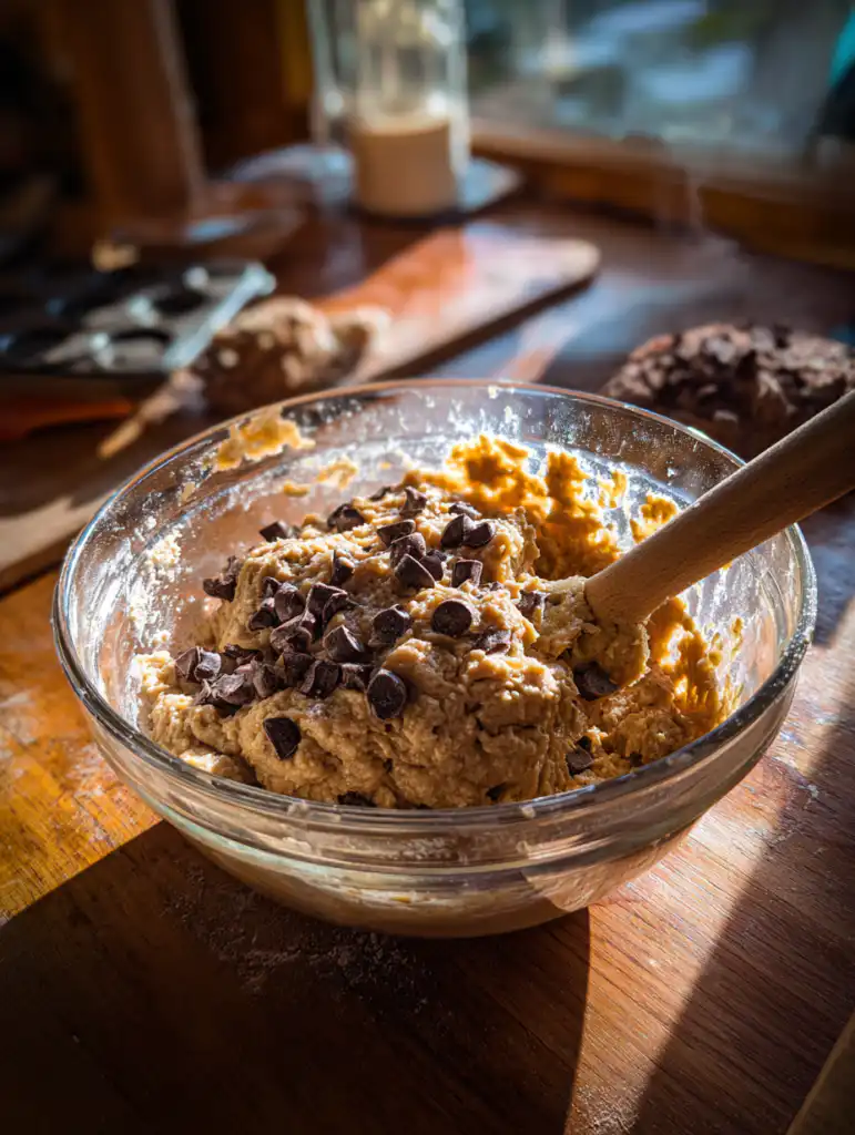 Banana chocolate chunk muffins preparation mixing mashed bananas and chocolate chunks into batter