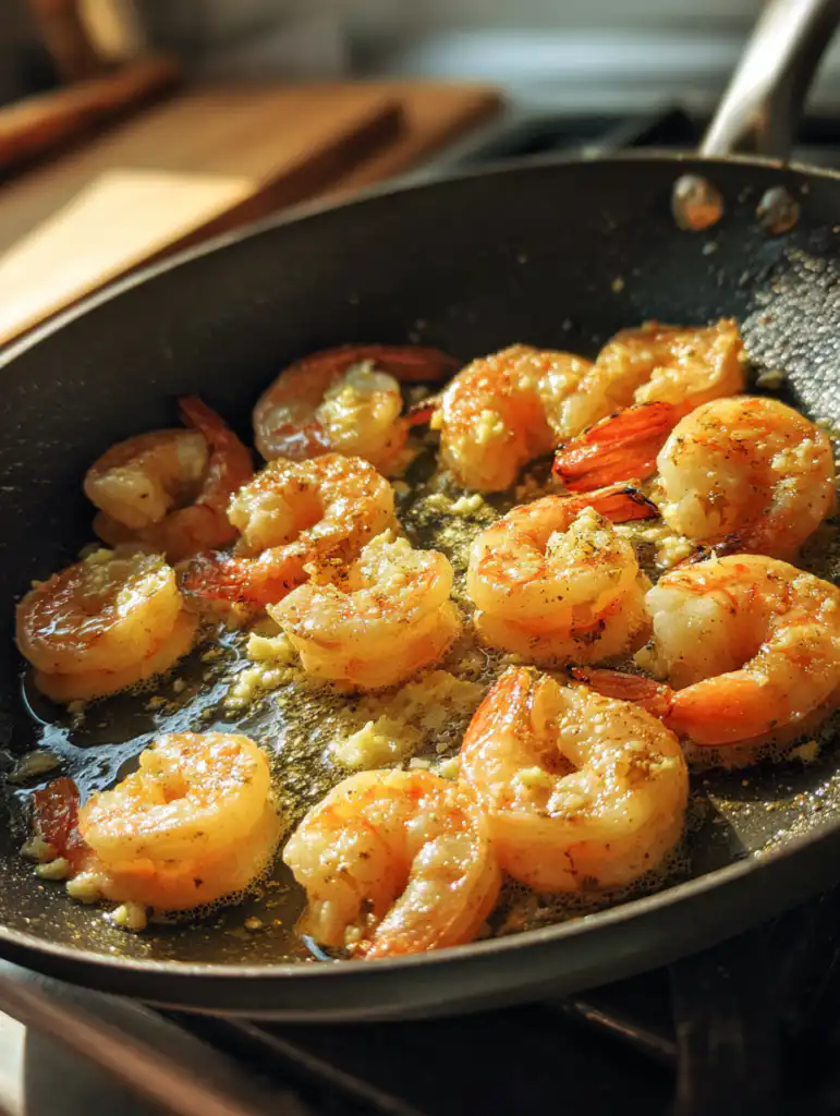 Shrimp and grits recipe preparation cooking shrimp in pan with garlic and butter