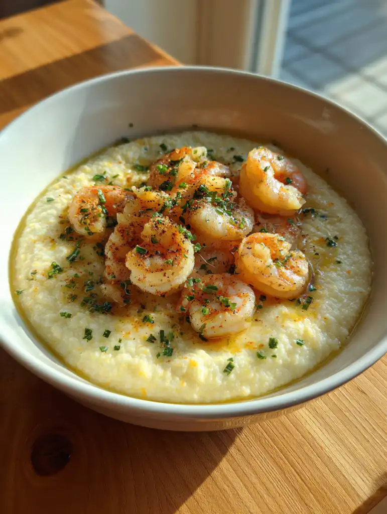 Shrimp and grits recipe served in a bowl with creamy grits and seasoned shrimp on wooden table
