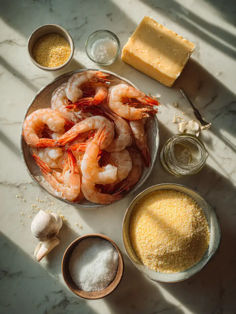 Shrimp and grits recipe ingredients including shrimp grits cheese butter and garlic on marble surface