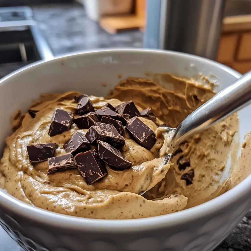 Mixing the batter for Banana Chocolate Chunk Muffins with chocolate chunks"