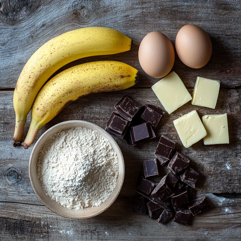 Ingredients for Banana Chocolate Chunk Muffins including ripe bananas and chocolate chunks"