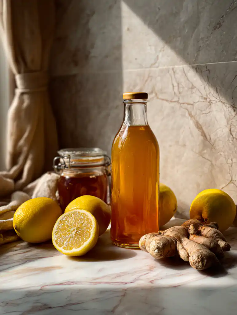 Apple cider vinegar detox drink ingredients including apple cider vinegar lemon honey and ginger on marble counter