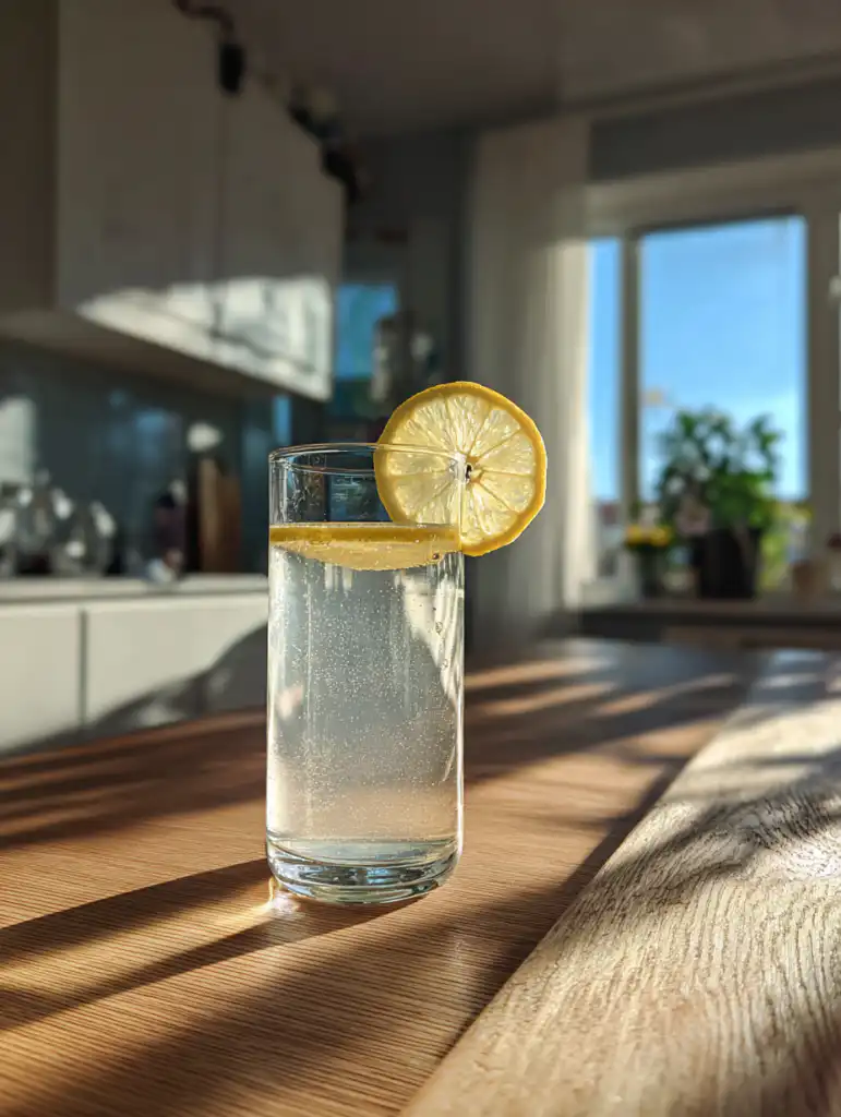 Apple cider vinegar detox drink in a glass with lemon slice on wooden table in natural light