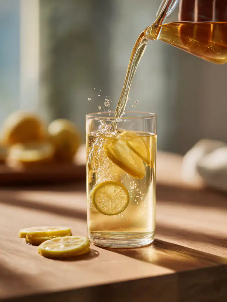 Apple cider vinegar detox drink preparation pouring vinegar into water with lemon in glass