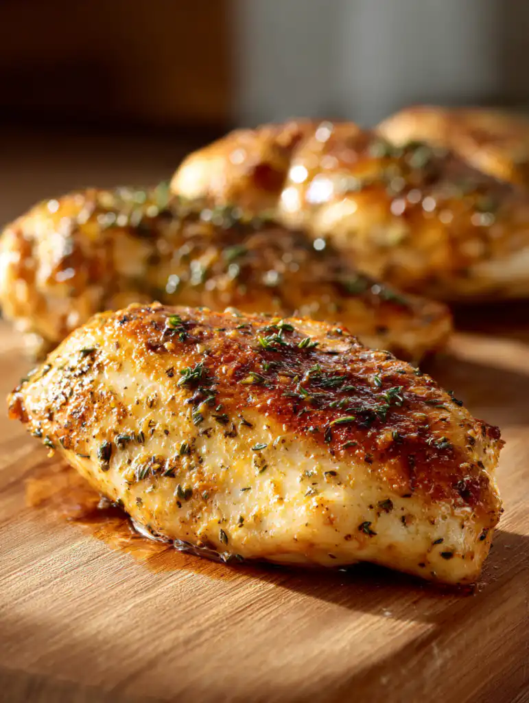 Baked ranch chicken golden chicken breasts with crispy edges and herbs on wooden table