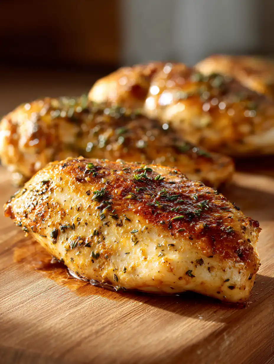 Baked ranch chicken golden chicken breasts with crispy edges and herbs on wooden table