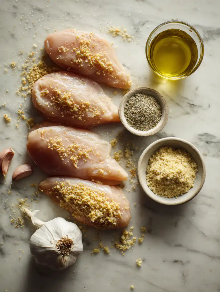 Baked ranch chicken ingredients including chicken ranch seasoning oil garlic and breadcrumbs on marble surface