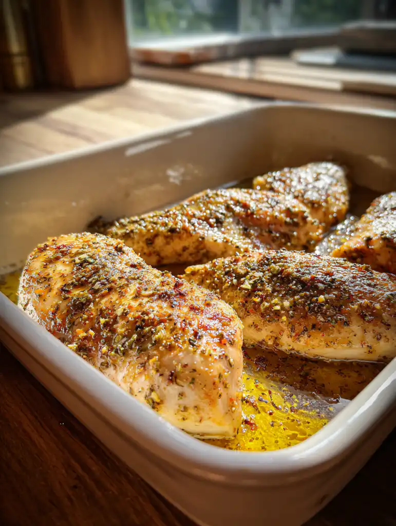 Baked ranch chicken preparation coating chicken with ranch seasoning before baking