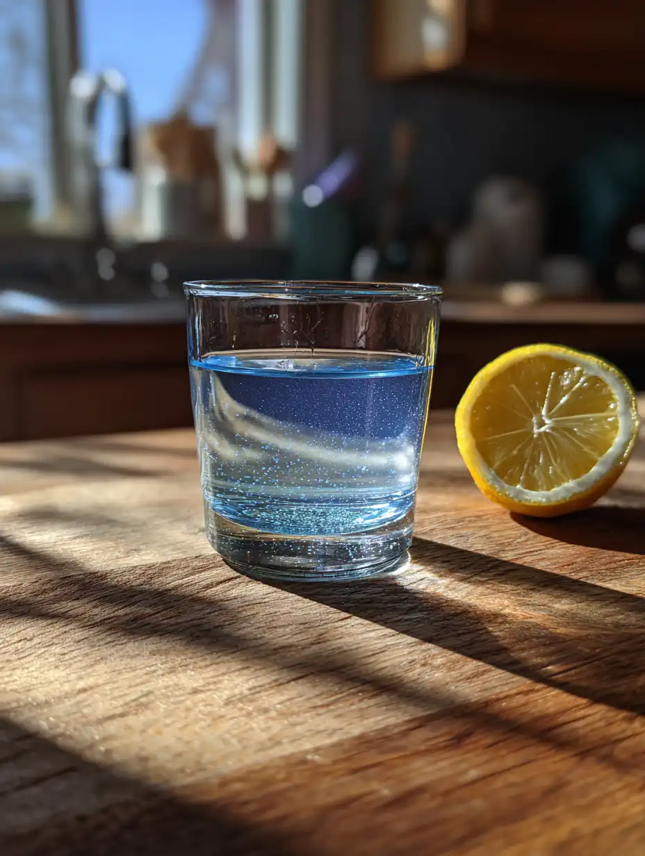 blue salt trick drink in a clear glass with mineral salt and lemon on a wooden table