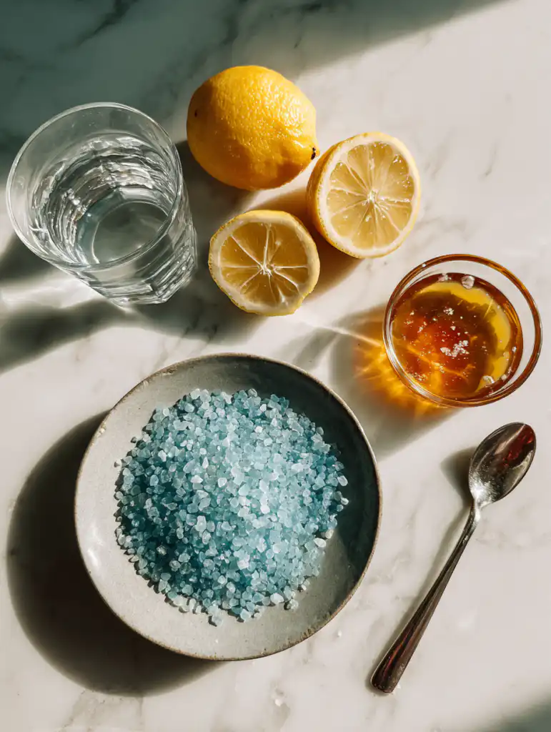 blue salt trick for men ingredients including mineral salt water lemon and honey on marble surface