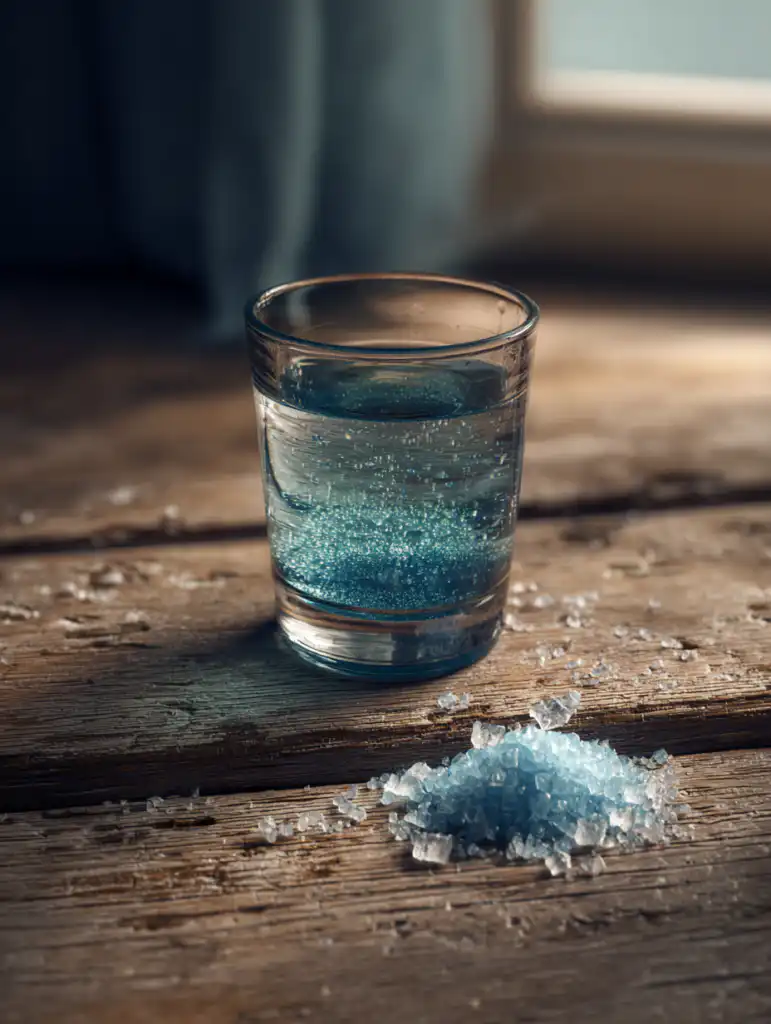 blue salt trick for men drink with mineral salt and water on a wooden table