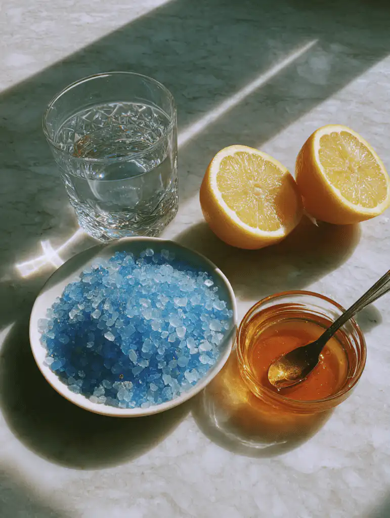 blue salt trick ingredients including mineral blue salt water lemon and honey on marble surface