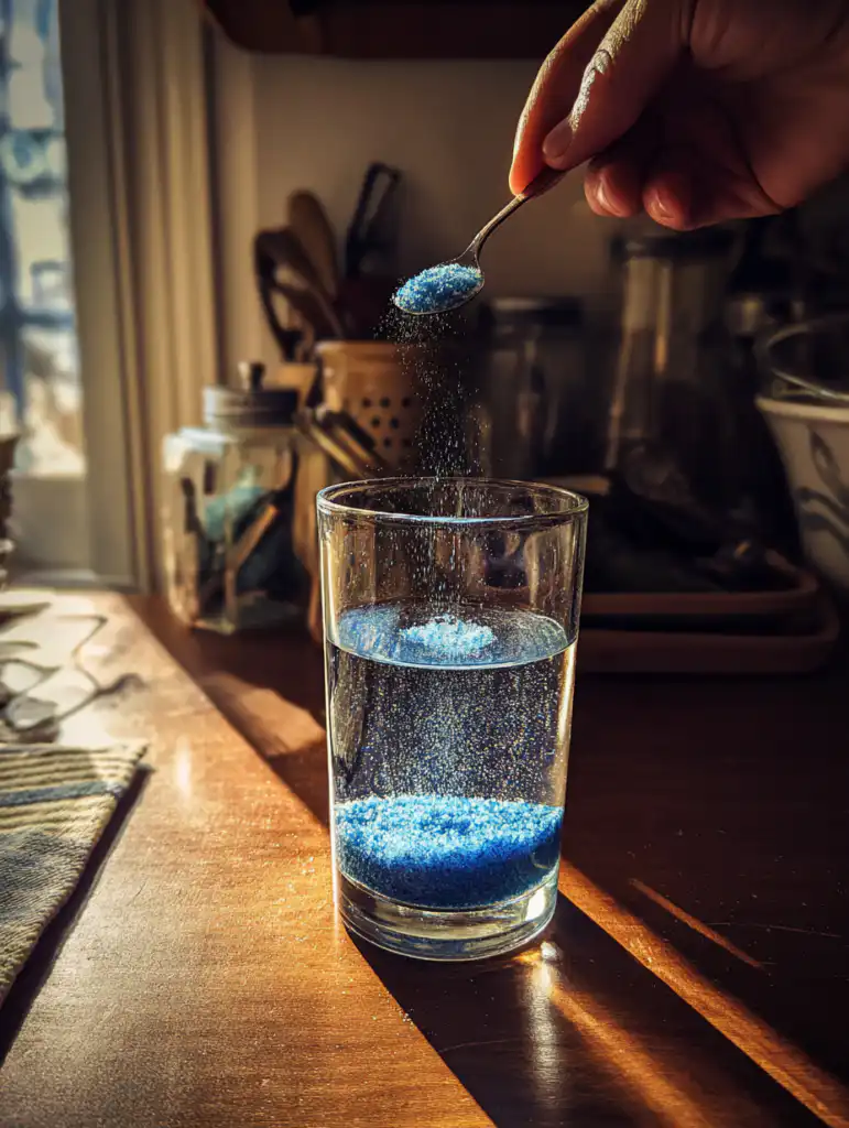 blue salt trick step adding mineral salt into water for mixing