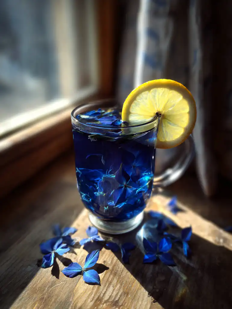 brazilian mounjaro butterfly pea flowers drink in a glass showing deep blue color with lemon on wooden table