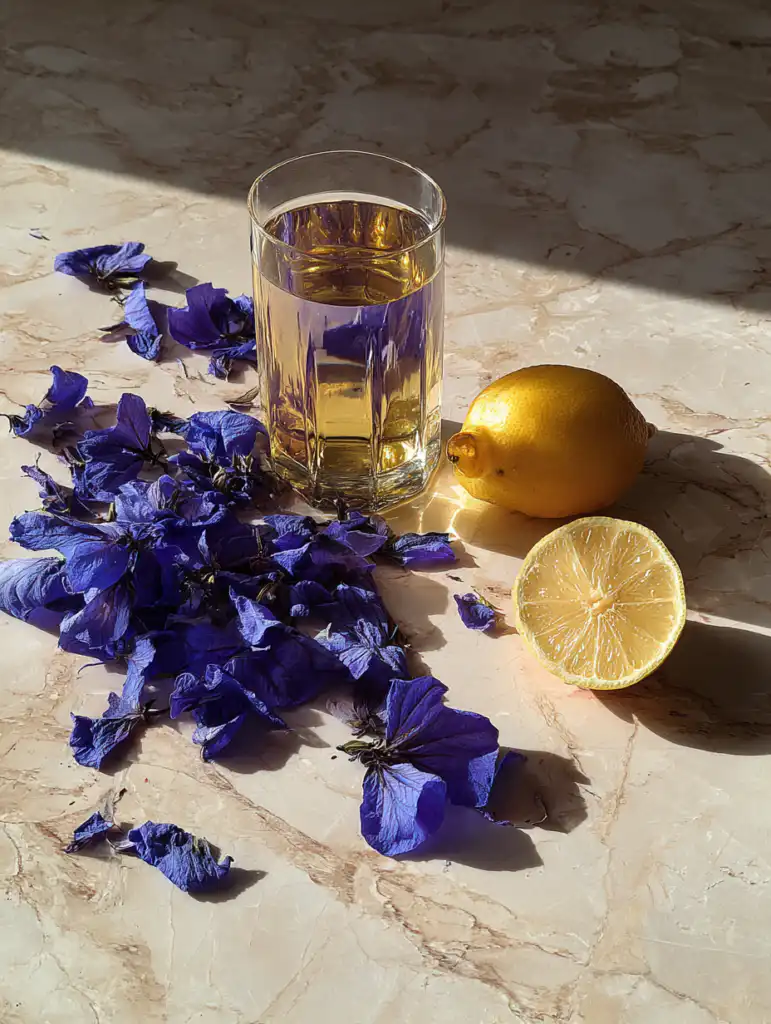 brazilian mounjaro butterfly pea flowers ingredients including dried flowers lemon honey and water on marble surface