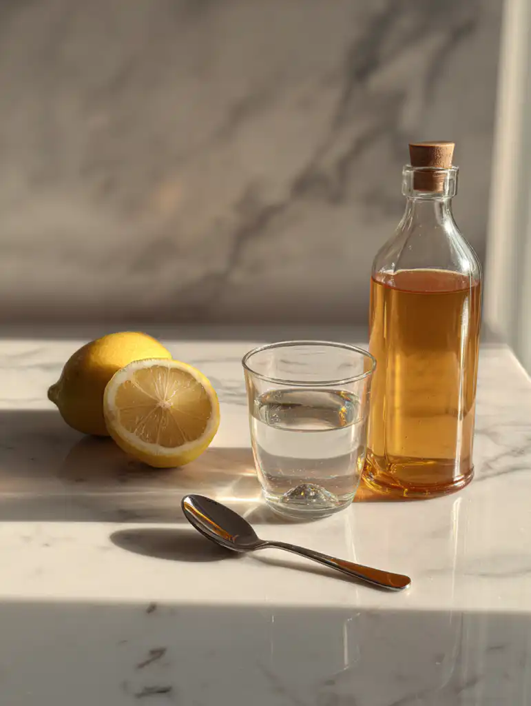 brazilian mounjaro recipe ingredients including lemon apple cider vinegar honey and water on marble surface