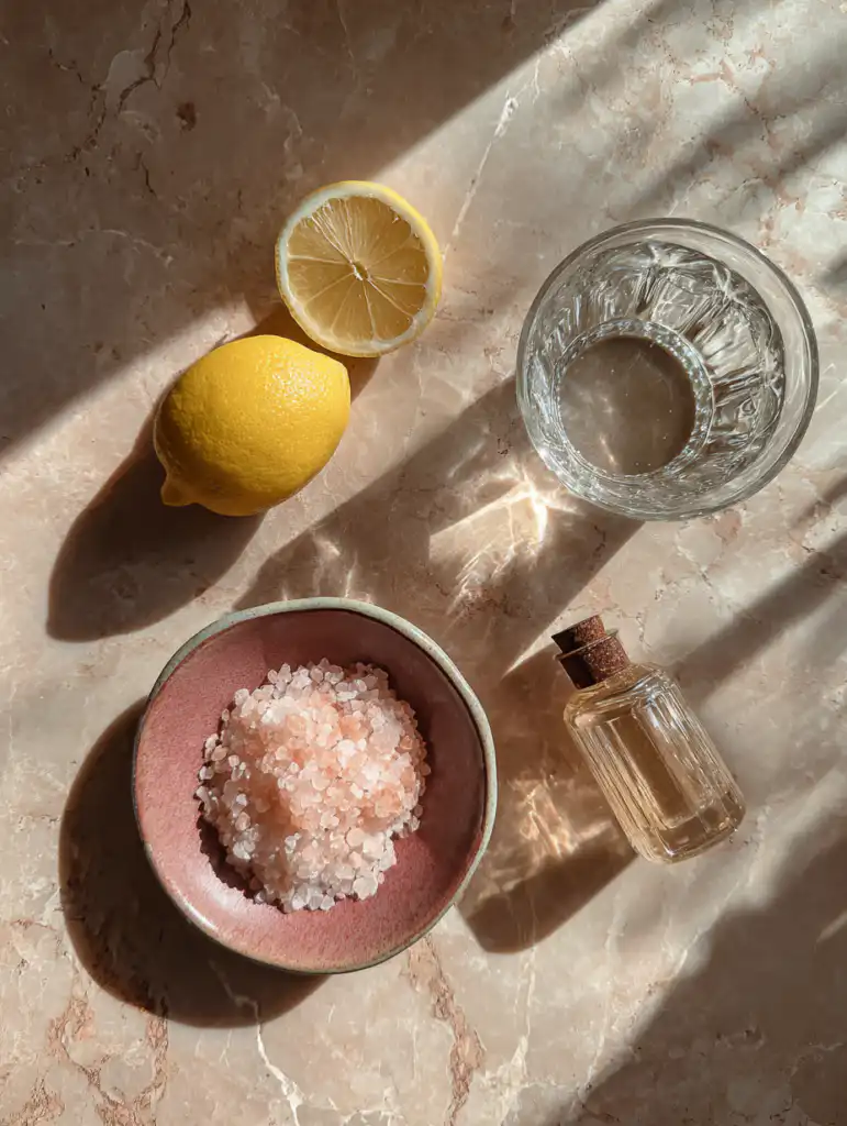 brazilian mounjaro recipe with pink salt ingredients including pink salt lemon water and vinegar on marble surface