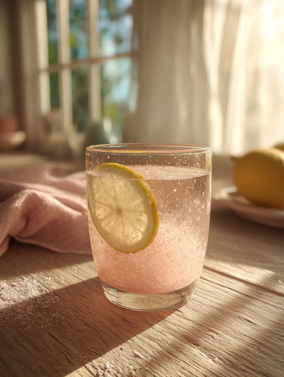 brazilian mounjaro recipe with pink salt drink in a glass with lemon on wooden table in natural light