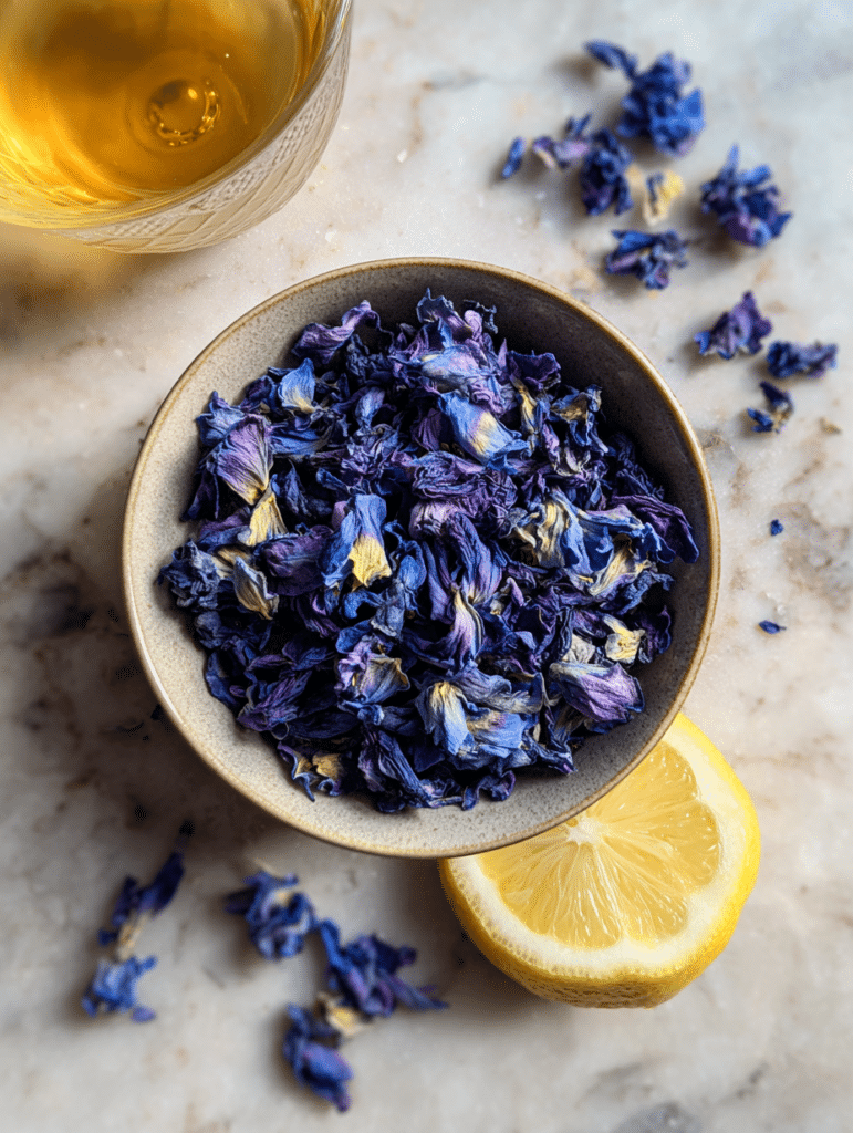 butterfly pea flower tea ingredients including dried blue flowers lemon and honey on a marble surface