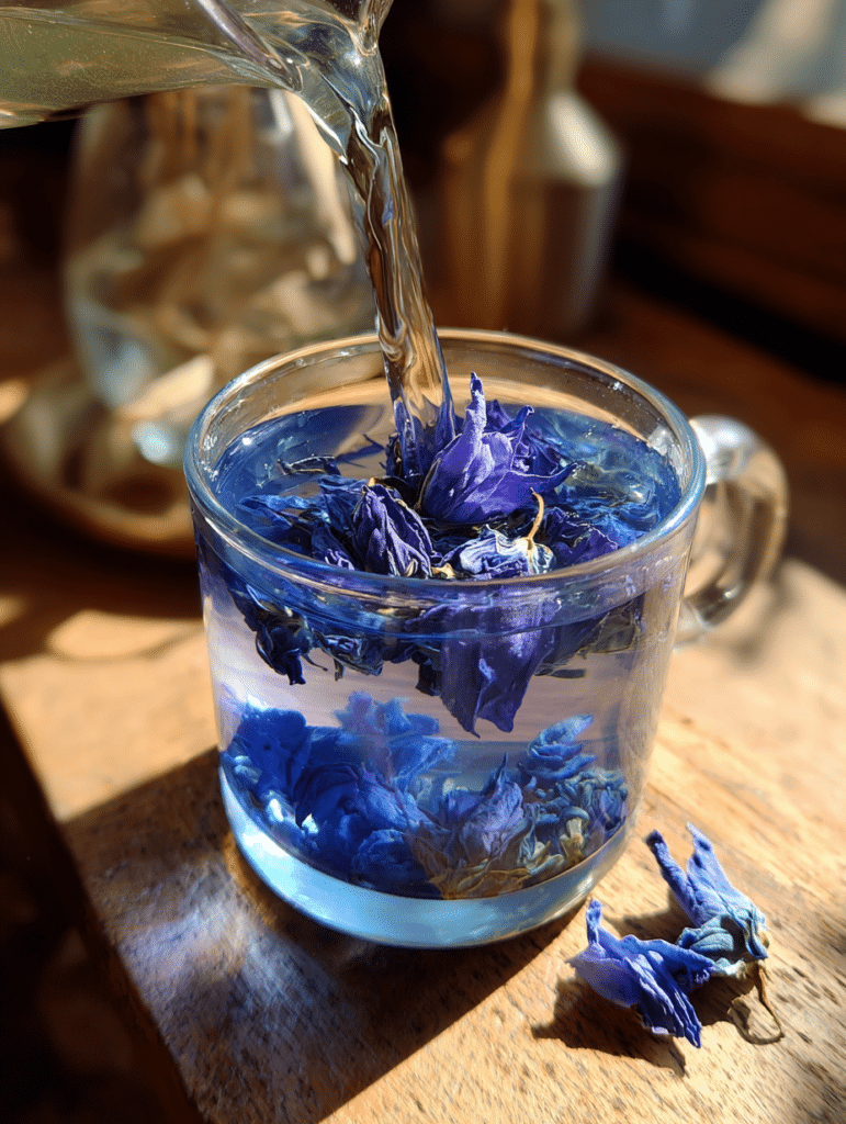 butterfly pea flower tea preparation with hot water being poured over dried flowers creating blue color