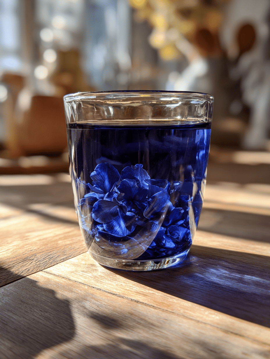 butterfly pea flower tea in a clear glass cup showing deep blue color on a wooden table in natural light
