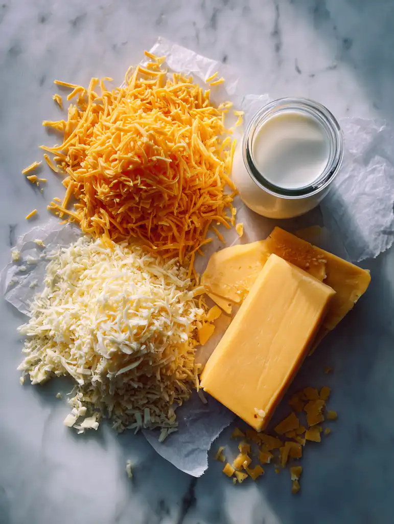 Cheeses for nachos recipe ingredients including cheddar monterey jack american cheese milk and butter on marble surface