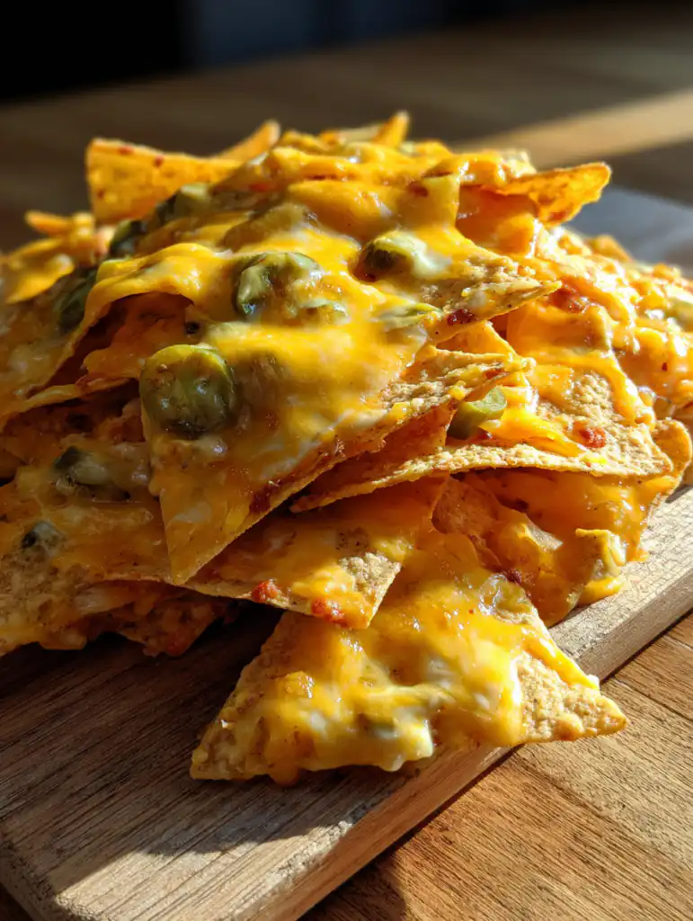 Cheeses for nachos recipe loaded nachos with melted cheese sauce and jalapenos on wooden table