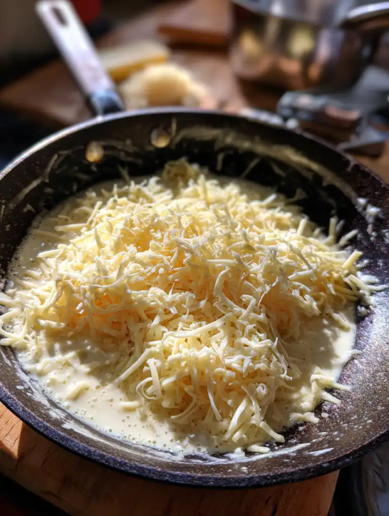 Cheeses for nachos recipe preparation melting shredded cheese into creamy sauce in pan