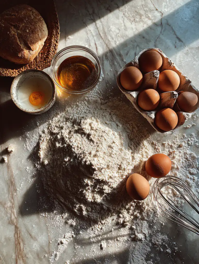 Gluten free bread recipe ingredients including flour blend eggs yeast oil and water on marble surface