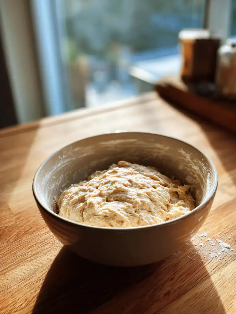 Gluten free bread recipe preparation mixing thick batter dough in bowl