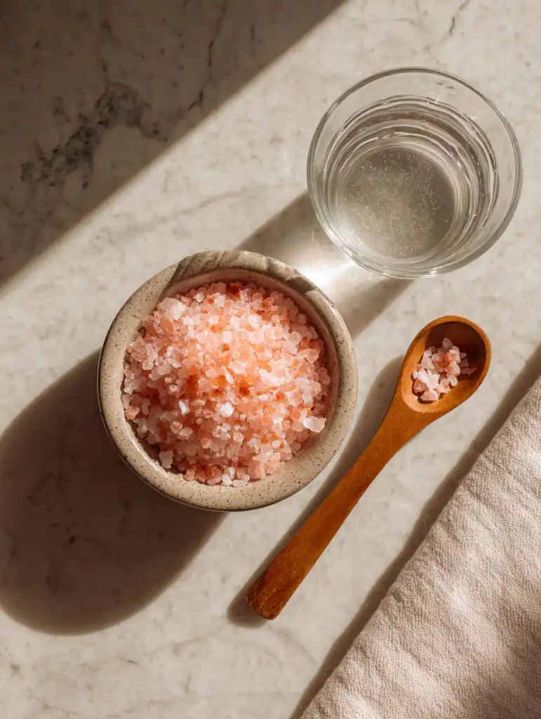 himalayan salt flush for weight loss ingredients including pink salt and warm water on marble surface