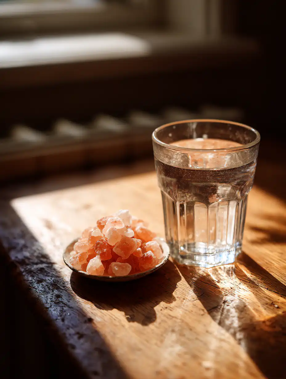 himalayan salt flush for weight loss drink with warm water and pink salt on wooden table