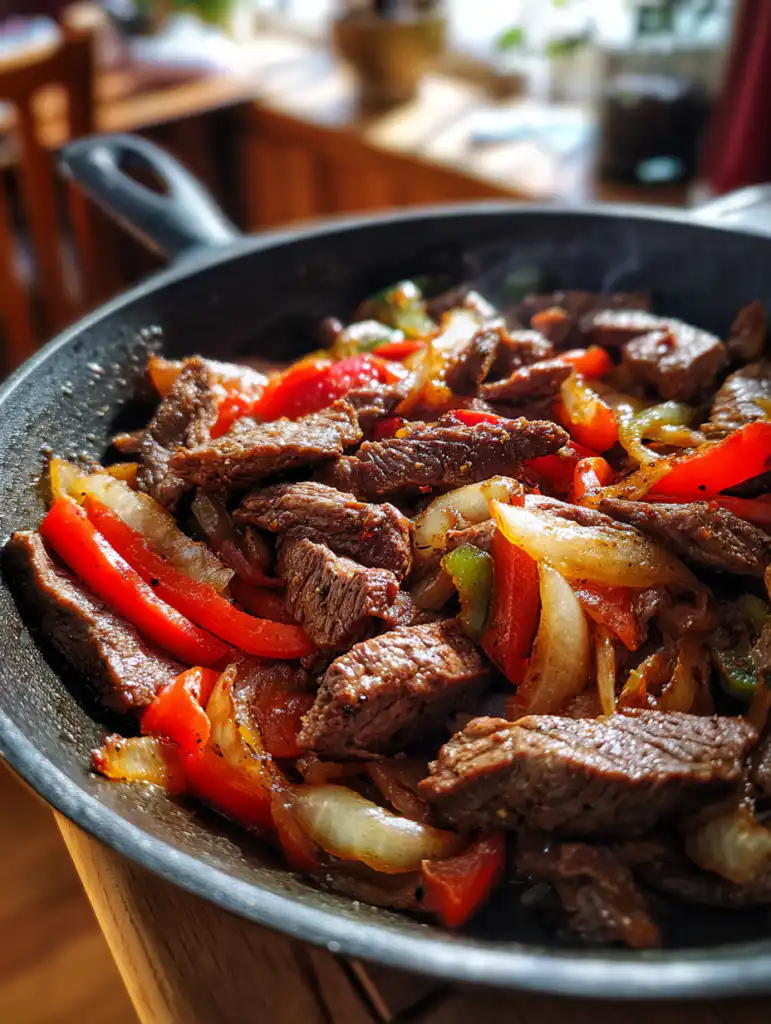 Jamaican peppered steak preparation cooking beef with peppers and onions in pan