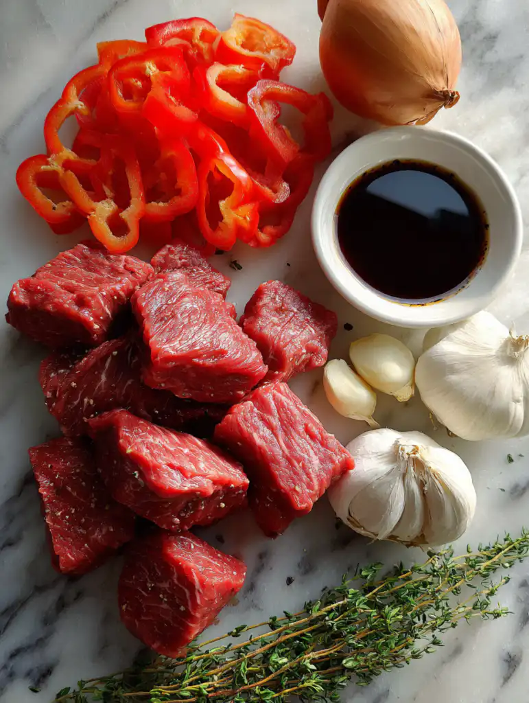 Jamaican peppered steak ingredients including beef bell peppers onions garlic and thyme on marble surface