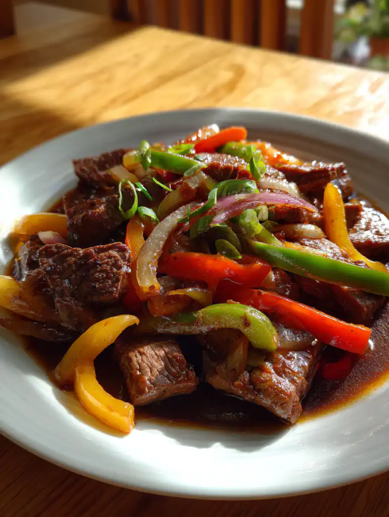 Jamaican peppered steak served with bell peppers and onions in rich sauce on wooden table