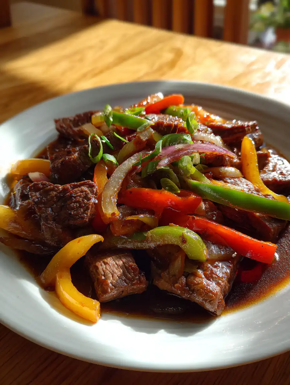 Jamaican peppered steak served with bell peppers and onions in rich sauce on wooden table