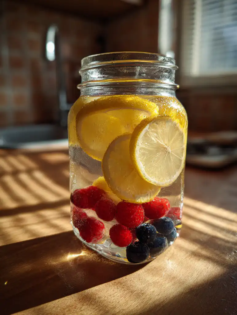 Lemon berry detox water in a glass jar with fresh berries and lemon slices on wooden table