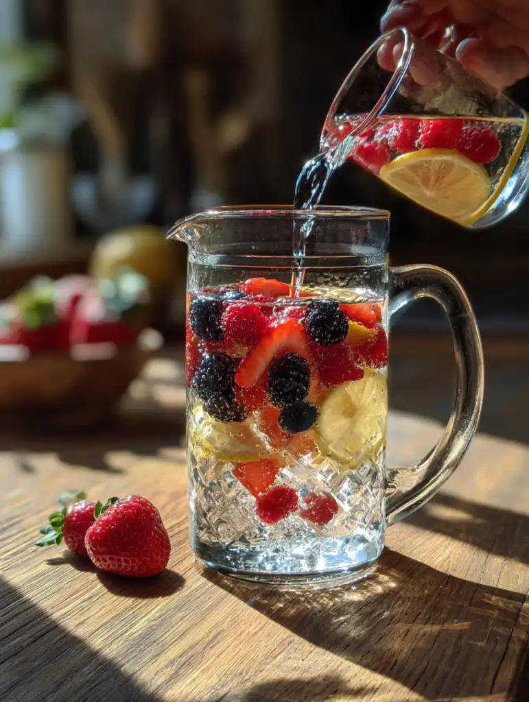 Lemon berry detox water preparation adding lemon slices and berries into pitcher of water