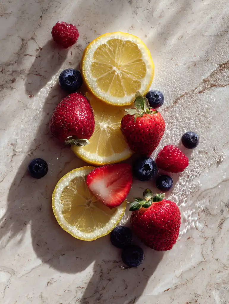 Lemon berry detox water ingredients including lemon strawberries blueberries and raspberries on marble surface