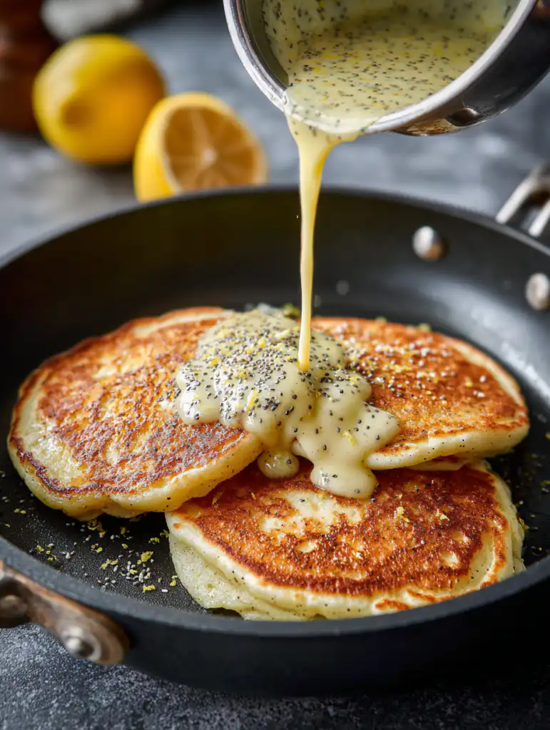 lemon poppyseed protein pancakes batter cooking on pan with visible poppy seeds