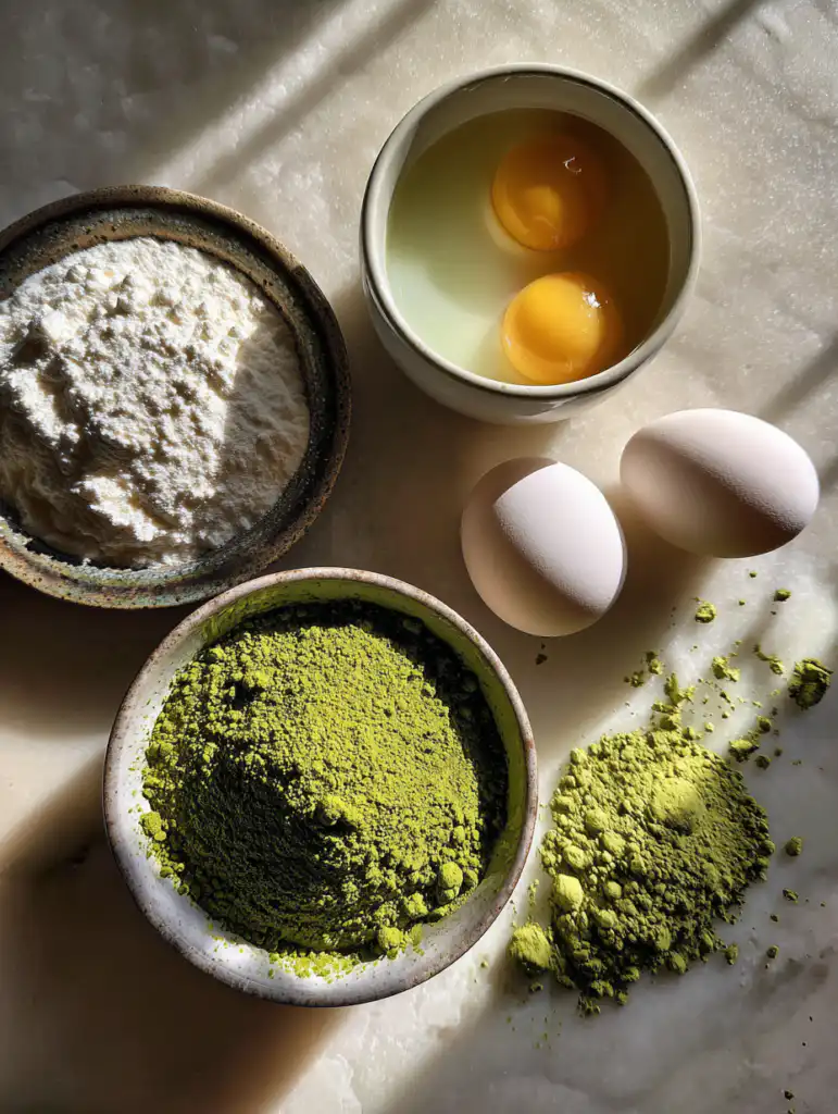 Matcha crepe roll cake ingredients including matcha powder eggs milk flour and cream on marble surface