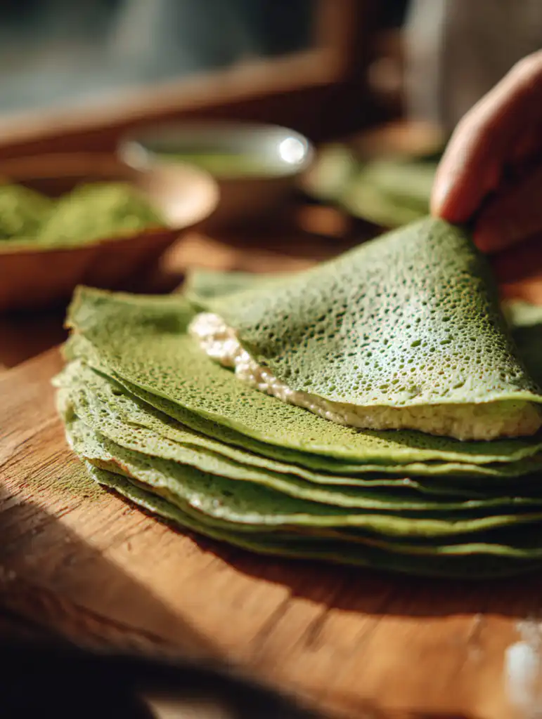Matcha crepe roll cake preparation spreading cream on thin matcha crepe layer