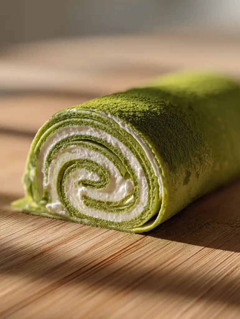 Matcha crepe roll cake sliced showing green crepe layers and cream filling on wooden table