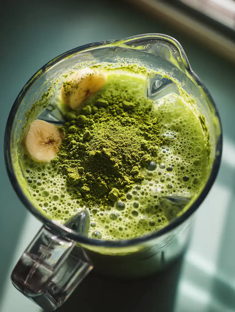 matcha green tea smoothie blending matcha powder banana and milk in blender