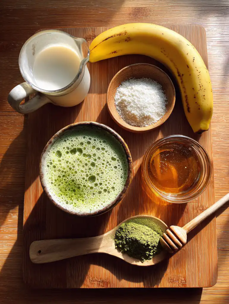 matcha green tea smoothie ingredients including matcha powder banana milk and honey