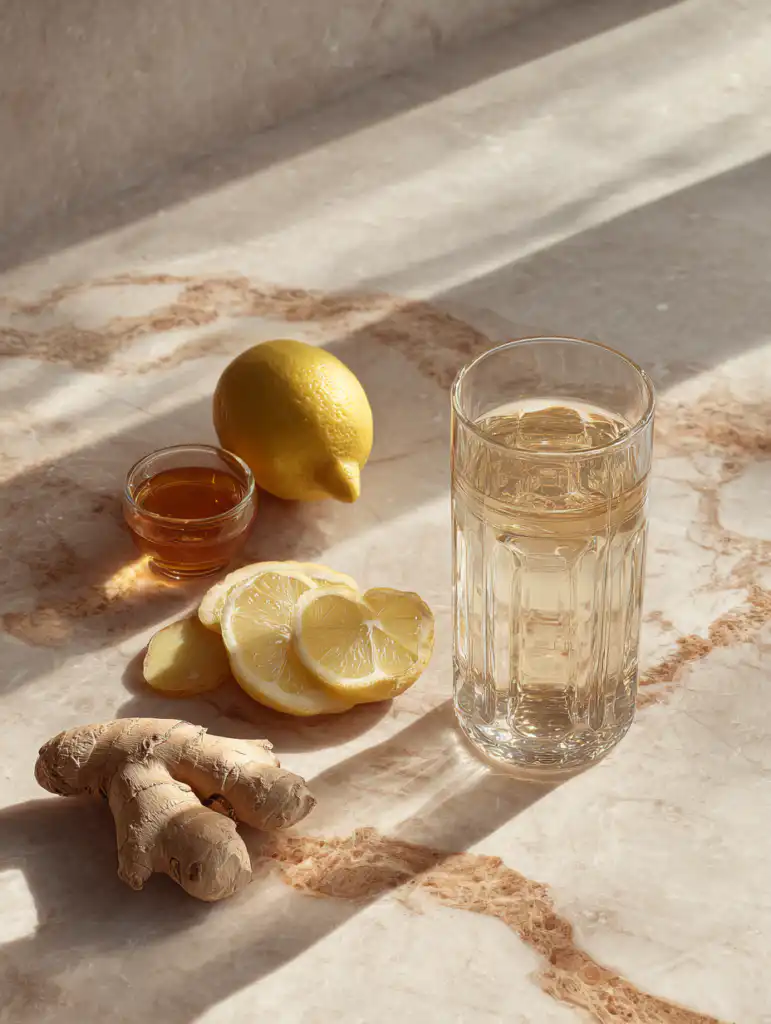 mounjaro weight loss recipe ingredients including lemon ginger apple cider vinegar and water on marble surface