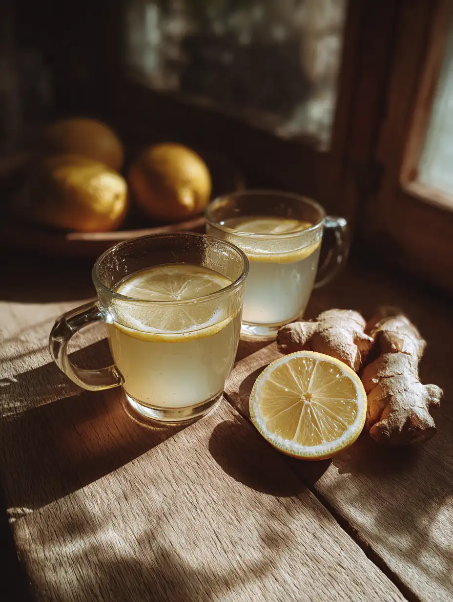 natural Mounjaro recipe drink with lemon and ginger in warm water on wooden table